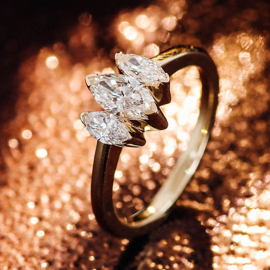 Marquise Solitaire & Row Diamond Ring | 18K Solid Gold - Detail View 1 | Pebble and Glow D VVS1 Lab Grown Diamond