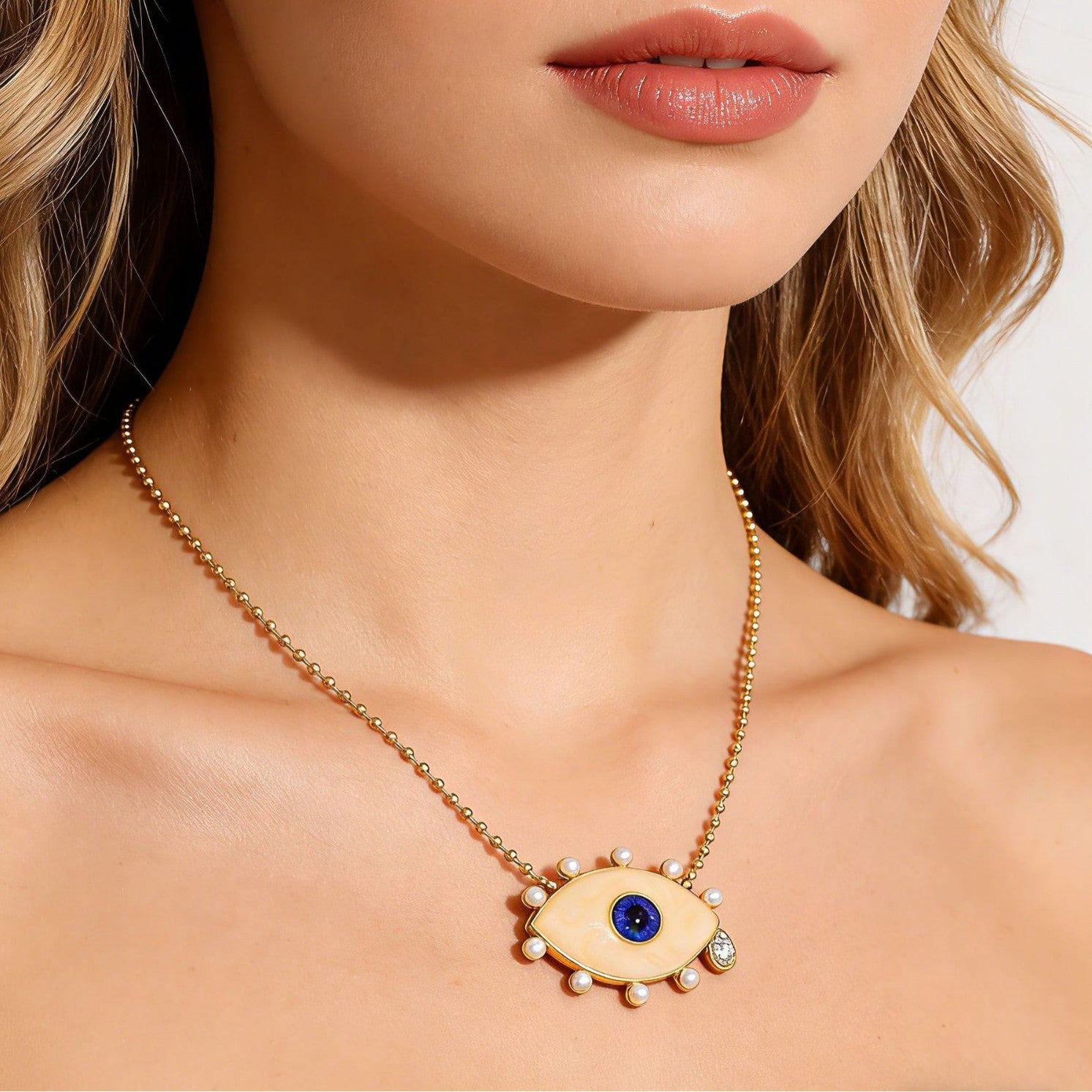 Celestial Evil Eye Pendant Necklace | 18K Gold Plated - Detail View 2 | Pebble and Glow Premium Jewelry