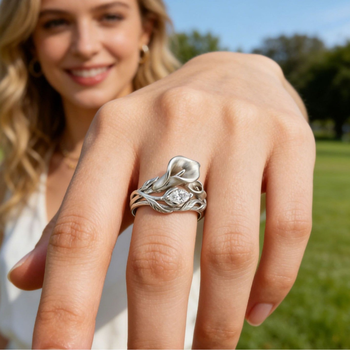Elegant Lily Flower Zircon Ring | 925 Sterling Silver - Detail View 1 | Pebble and Glow Premium Jewelry