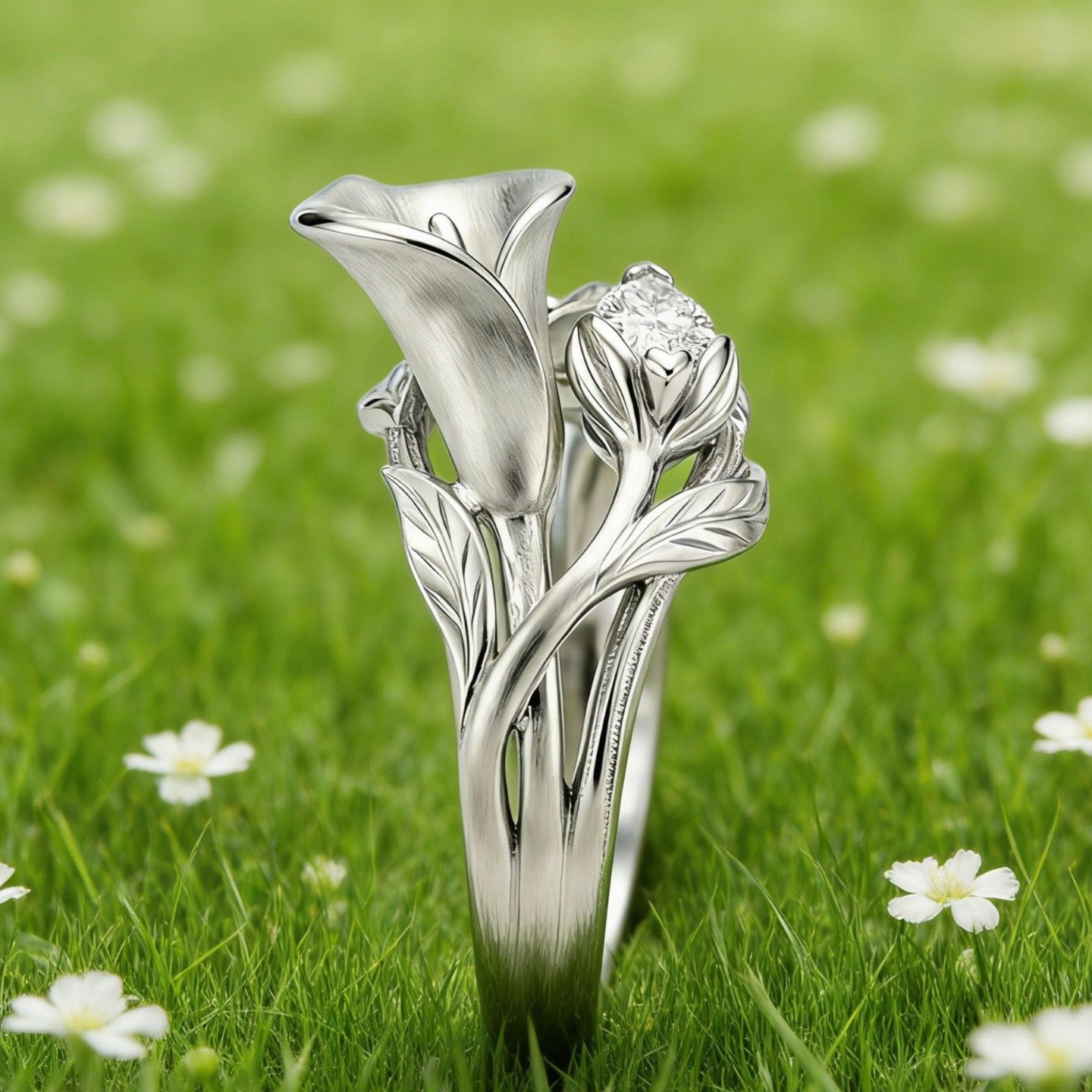 Elegant Lily Flower Zircon Ring | 925 Sterling Silver - Detail View 2 | Pebble and Glow Premium Jewelry