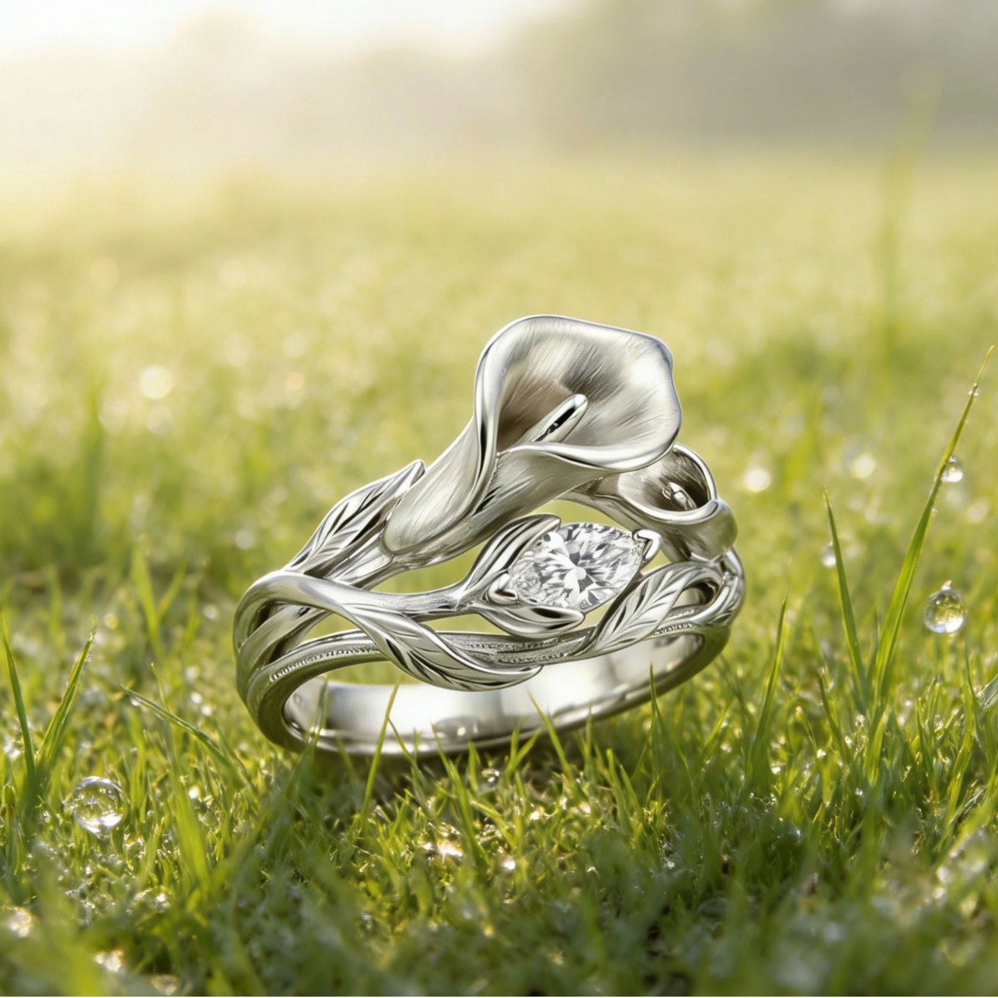 Elegant Lily Flower Zircon Ring | 925 Sterling Silver - Detail View 3 | Pebble and Glow Premium Jewelry