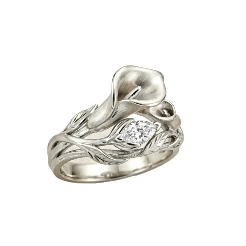 Elegant Lily Flower Zircon Ring | 925 Sterling Silver - Detail View 4 | Pebble and Glow Premium Jewelry