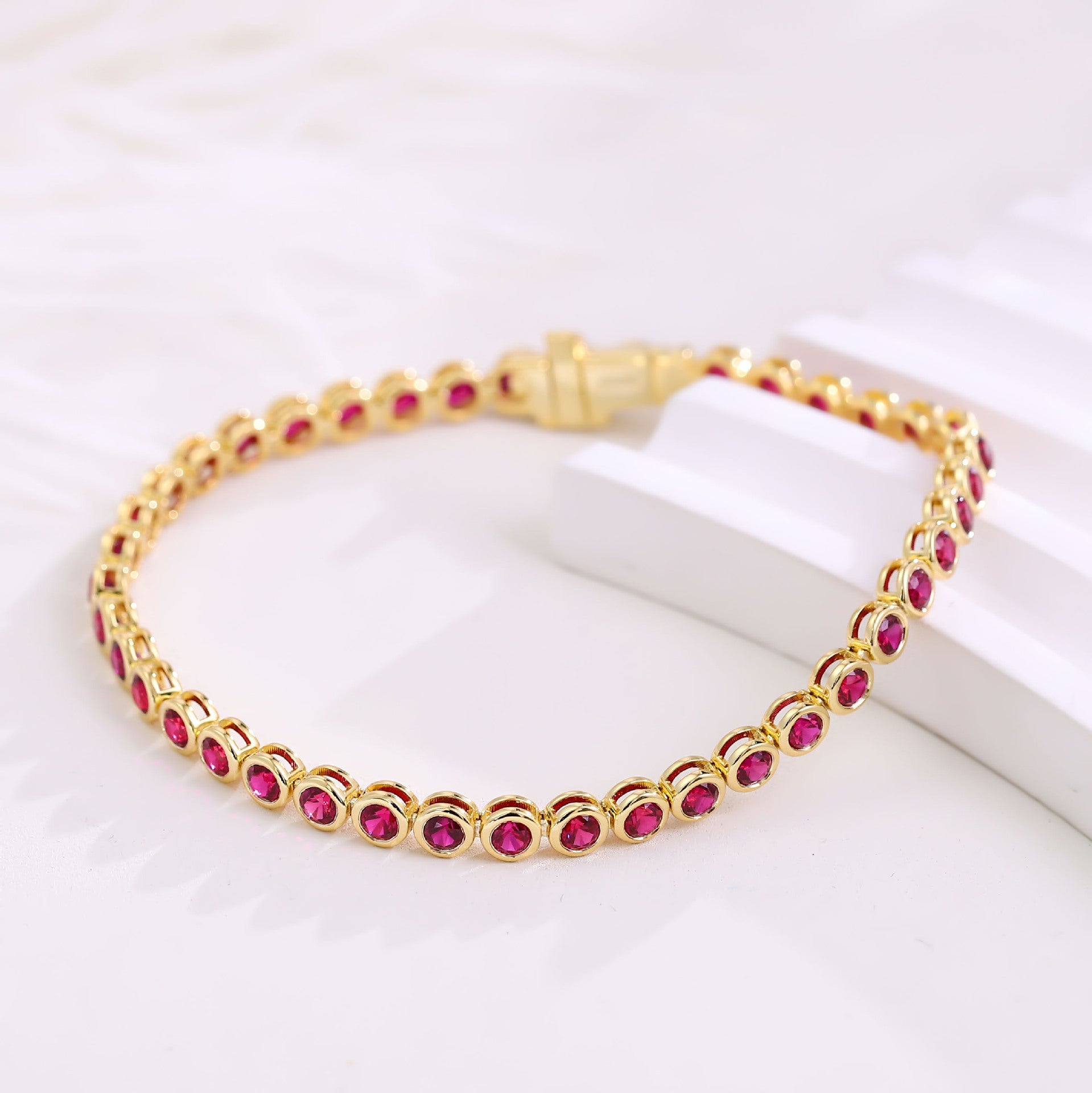 Classic Ruby Tennis Bracelet | 14K Solid Gold - Detail View 1 | Pebble and Glow Premium Jewelry