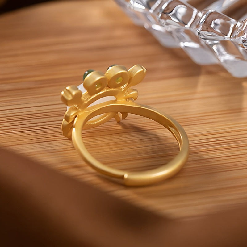Serenity Bloom Open Ring | Hand-Carved White Jade & 18K Gold Finish - Detail View 2 | Pebble and Glow Luxury Collection