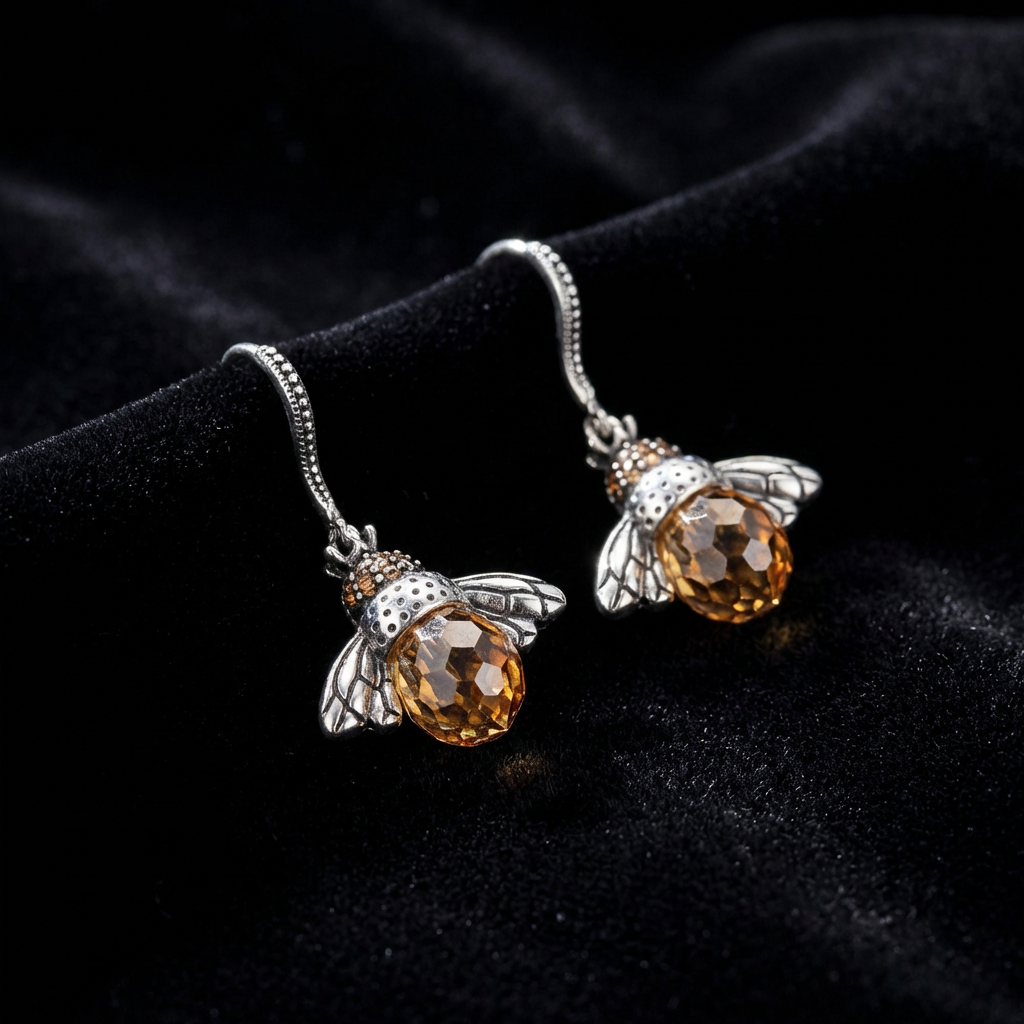 Hand-Forged Spectral Bee | Original Artisanal Drop Earrings - Close-up Detail - Pebble and Glow Luxury Jewelry