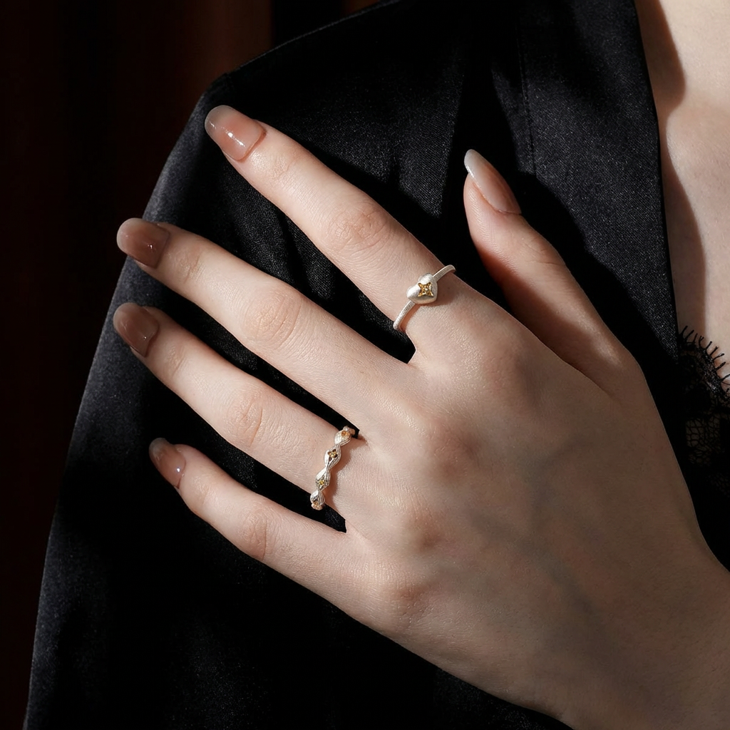 Hand-Forged Sgraffito Star | 100% Original Artisanal Silk Ring - Side Profile View - Pebble and Glow Luxury Jewelry