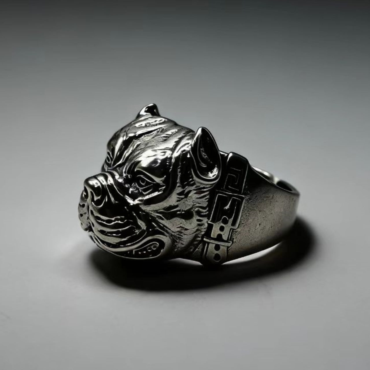 Pitbull Dominant Ring | Urban Retro Statement Piece - Side Profile View - Pebble and Glow Luxury Jewelry