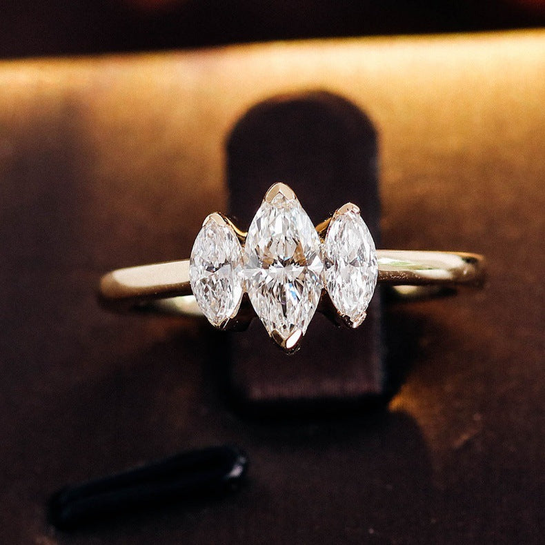 Marquise Solitaire & Row Diamond Ring | 14/18K Solid Gold - Side Profile View - Pebble and Glow Luxury Jewelry