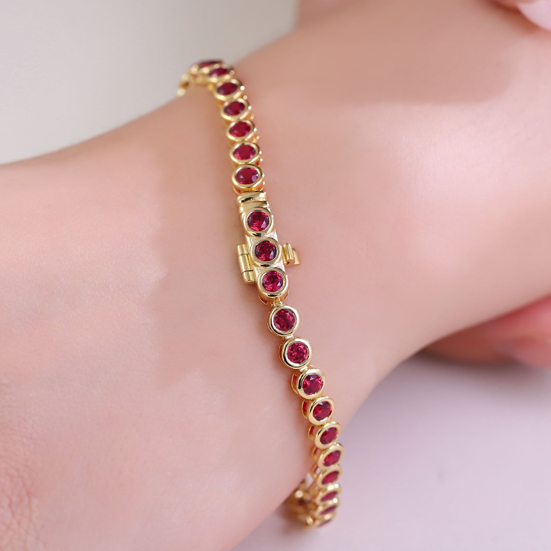 Classic Ruby Tennis Bracelet | 14/18K Solid Gold - Side Profile View - Pebble and Glow Luxury Jewelry