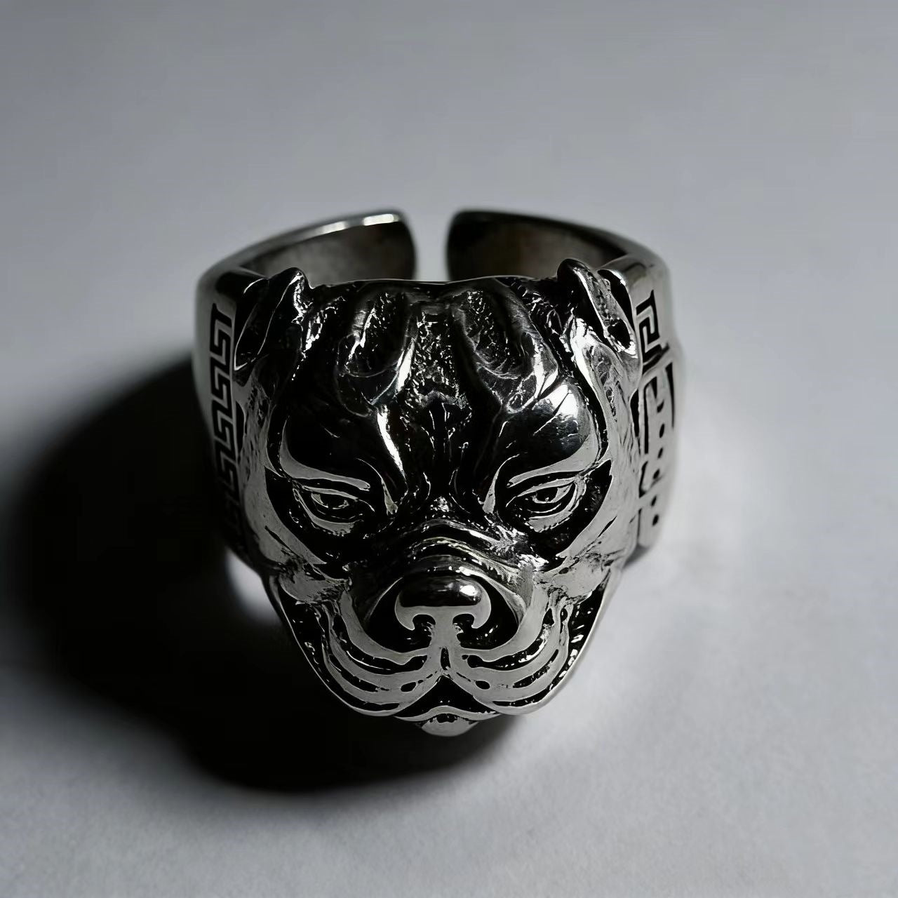 Pitbull Dominant Ring | Urban Retro Statement Piece - Close-up Detail - Pebble and Glow Luxury Jewelry